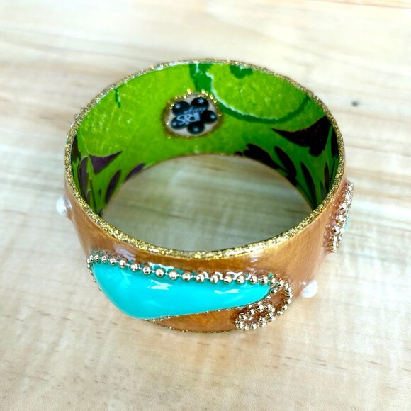 Artisan Statement Bracelet Iris Design Turquoise & Gold Wide Bangle - Picture 3 of 6
